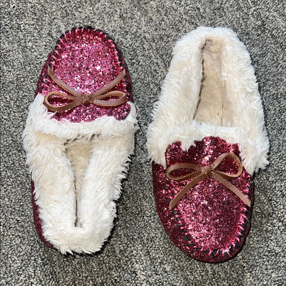 Pink Glitter Moccasin Slippers with Faux Fur Lining